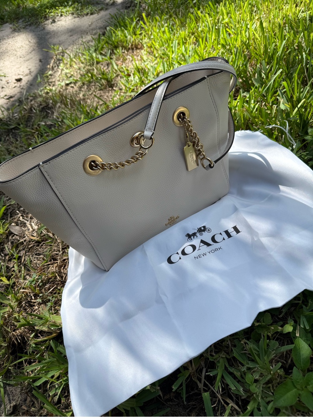 COACH LARGE TOTE NWOT LEATHER BEIGE TAN GOLD WITH DUST BAG